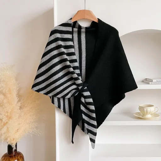 Black and Grey Color blocking Striped Women's Triangle Shawl Cape - Soft Knit Faux Cashmere Poncho Wrap, Lightweight Warm Pullover for Office Travel & Daily Wear
