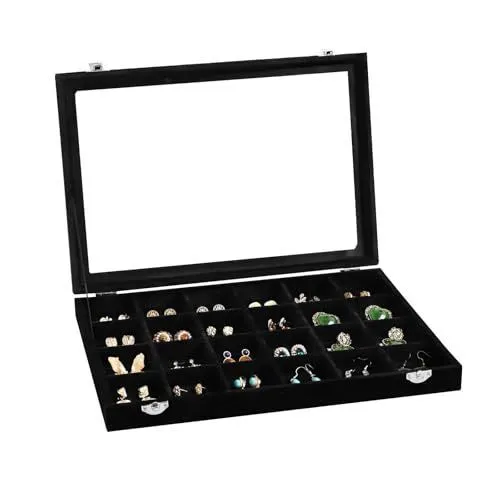Velvet Earring Organizer Tray with Lid, 13.7x9.4 Inch 24 Grid Jewelry Organizer for Earrings, Perfect for Home Organization, Jewelry Display, Gift Giving, Dustproof Design