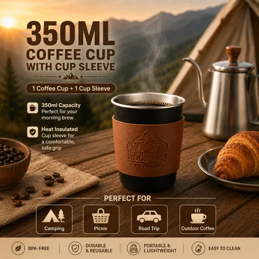 Black 304 Stainless Steel Camping Coffee Cup with Leather Sleeve – 350ml Portable Outdoor Drinking Cup, Beer Cup, Travel Mug for Camping, Hiking, Picnic and Daily Coffee