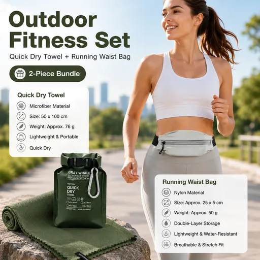Outdoor Sports Combo Set - Green Microfiber Quick Dry Cooling Towel and Grey Lightweight Running Waist Belt with Reflective Strips, Portable Gym Accessories for Fitness and Travel Suitable for sports; keeps hands free and makes wiping away sweat conv