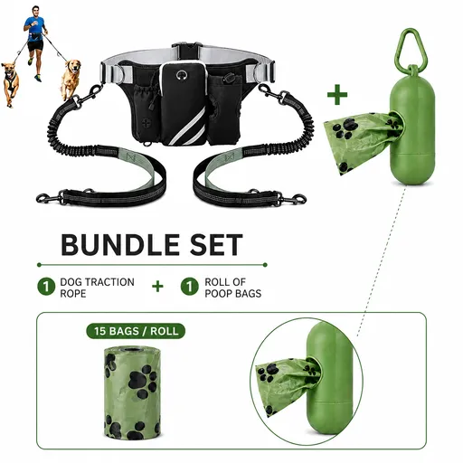 Hands Free Dog Leash Running Belt with Adjustable Bungee Lead(Gray), Multi Pocket Outdoor Waist Bag and Free Roll of 15 Poop Bags for Walking, Jogging and Running