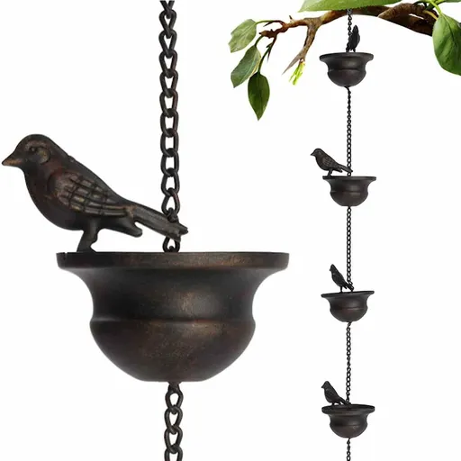 Mobile Birds Rain Chain for Gutters with Attached Hanger, Dark Bronze……Gutter Adapter, Perfect for Heavy Rain, Indoor/Outdoor Decoration