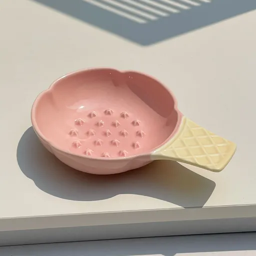 2 Pcs Pink and Yellow Adorable Ice Cream Cone Ceramic Slow Feeder Pet Bowl - Fun Anti-Gulp Design for Cats & Dogs