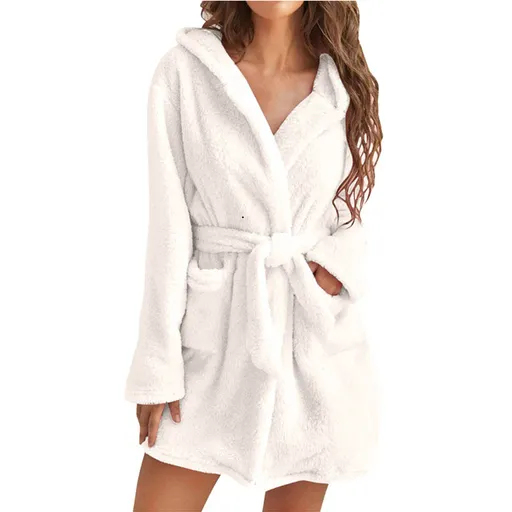 White 5XL Size Women's Ultra-Thick Plush Robe with Large Hood & Pockets - Warm Winter Double-Layer Sherpa Fleece Lounge, Bathrobe & Nightwear