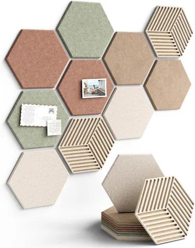 10 Piece Yashumito Hexagonal Felt Pinboard Tiles with 50 Adhesive Tabs, 30 x 26 cm