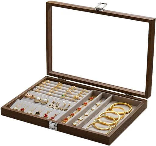 Jewelry Box Wooden Jewelry Organizer with Clear Lid, Vintage Jewelry Display Storage Box for Women, Dark Brown, Elongated Diamond Shape