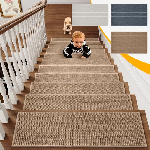 4-Piece Non-Slip Stair Treads, Self-Adhesive Striped Carpet Mats, Absorbent & Quiet Step Pads, Can Be Cut to Fit, Washable for Indoor Staircase Safety\u200b\u200b Brown 1