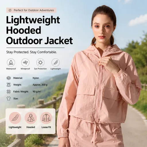 Pink S Size Women's Lightweight Hooded Windbreaker Jacket - Nylon, Waterproof, Windproof, Sun Protection, Loose Fit for Hiking, Running, Yoga and Outdoor Activities