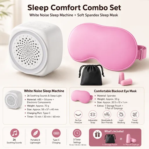 Soft Sleep Aid combination - White Noise Machine with 7-Colour Night Light and Pink Spandex Eye Mask, Portable Sound and Complete shading environment for Better Rest