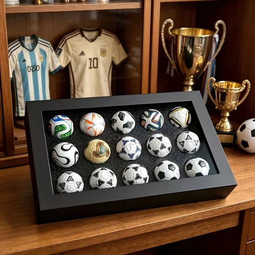 1970-2026 Handmade Mini Football Ornaments, 15 Classic Reproductions, Leather Hand-Stitched, with Acrylic Display Case, Desktop Decoration and Fan Collection Memorabilia.