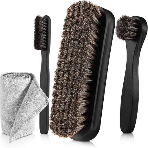 4 Piece Horsehair Shoe Polish Set with Brushes and Microfiber Cloth Black
