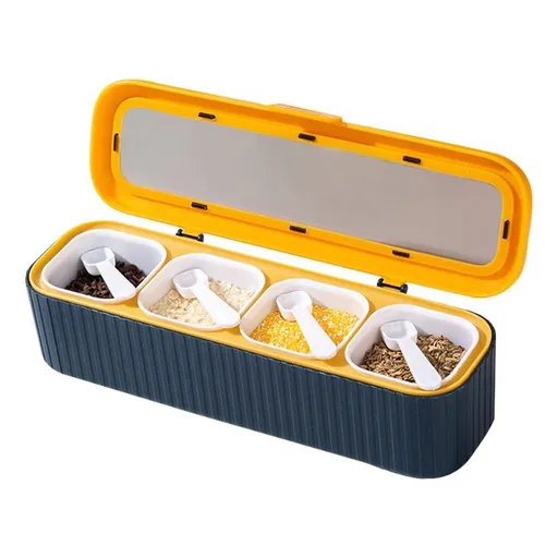 4-Piece Compartment Seasoning Box Spice Storage Jar with Spoons Transparent (Blue)