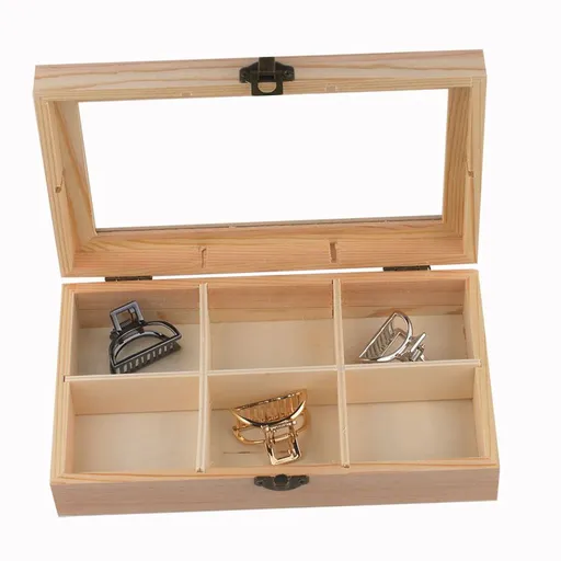 Box Transparent Grid Wooden Box Cosmetic Storage Keepsake Storage Cabinet Threaded Earrings Jewelry Wooden