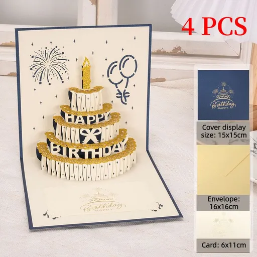 4-Pack - Gold Foil Cake 3D Pop-Up Birthday Cards, Creative Papercut Foldable Greeting Gift Cards - Blue