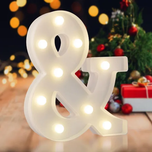 Sign Special character &, warm white, 26 letters, 10 numbers, heart and & symbol; for birthday, party, Christmas, home, bar, wedding decoration; DIY word combinations; wall & tabletop display; battery operated.