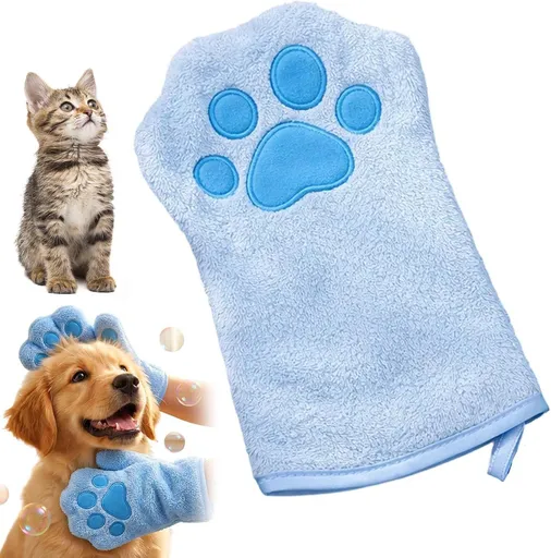 Paw Bathing Towel for Cats Puppy, Machine-Washable Reusable Pet Grooming Towel - Soft, Absorbent Quick-Dry Bath Mitt for Dirt Odor Removal, Daily Care & Travel (Blue)