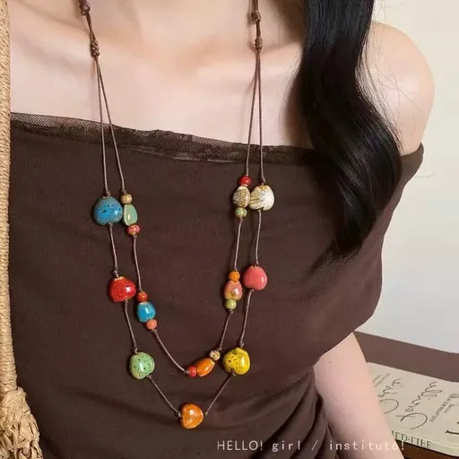 Colorful Ethnic Style | Boho Vibrant Beaded Necklace | Halloween Bohemian Vibes Gift | Bright Layered Clavicle Chain Y2K Festival Accessory