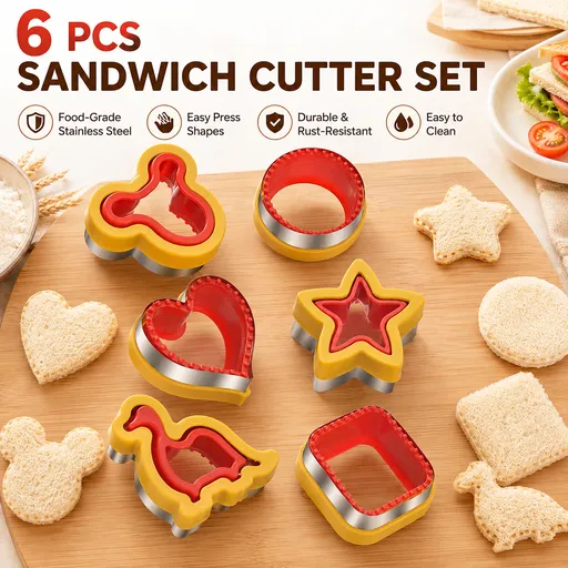 6 Piece Sandwich Cutter and Sealer Set (Heart Square Round Dinosaur Bear Shapes) - Food Grade Stainless Steel Press Moulds, Nonslip Handguard & Easy to Clean for Lunchboxes Toast Cookies DIY Baking