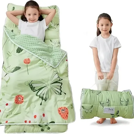 Roll-Up Nap Mat 3-in-1 | Washed Minky Dot with Polyester Fill, Detachable Pillow & Blanket, Essential for School Naptime & Camping/Green butterfly