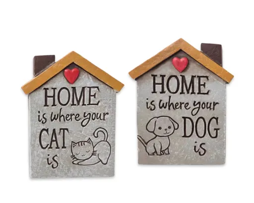 Set 2 Concrete Cat & Dog Homes Signage Assort Garden Statue 15cm