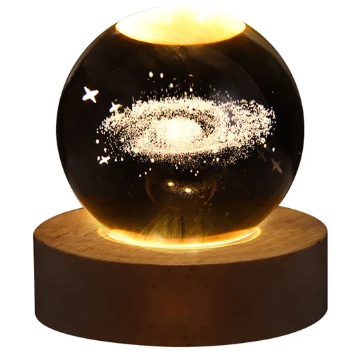 Crystal Globe Light 3D Engraved Glowing Crystal Ball Night Light Romantic Ambient Lamp with Wooden Base
