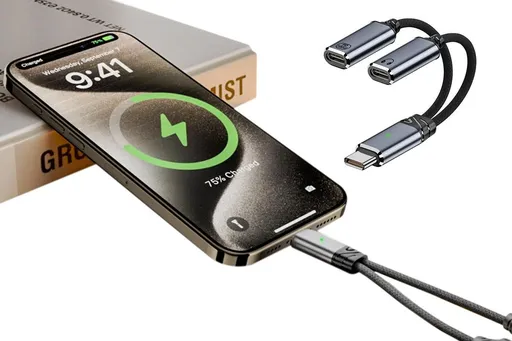 2 In 1 Audio Charger Splitter Dual USB C Headphone And Charger Adapter Audio Dongle Cable - Grey
