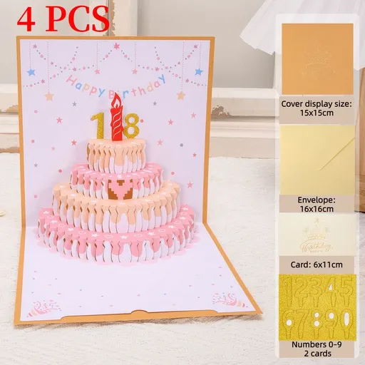 4-Pack - DIY Replaceable Number Cake 3D Pop-Up Birthday Cards, Papercut Foldable Greeting Gift Cards - Gold and Pink