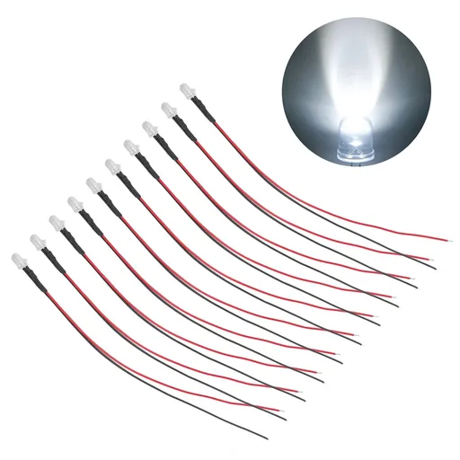 10pcs Lights Emitting Diodes 5mm Prewired Electronic LED Light Diodes for Decoration 5‑12V White Light
