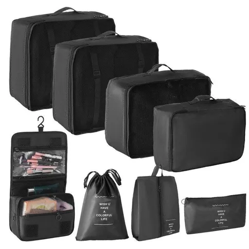 Multi-Size Portable Travel Storage Bags, 8 Pcs Clothing Organizer Kit With Hanging Wash Pouch, Black, Durable Outdoor Journey Gift