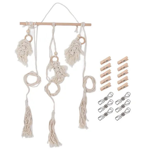 Hat Wall Hanging Rack Cotton Rope Woven Bohemian 16 Clips Home Office Studio