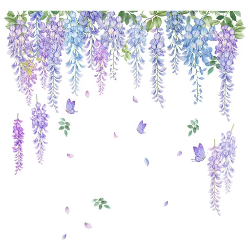 Hanging Vine Wall Decals Purple Plants Leaves Wall Stickers Flower Butterflies Wall Decor for Girls Women Bedroom Living Room