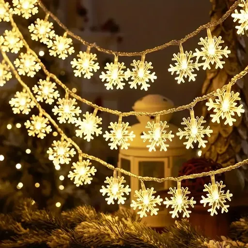 ❄️ Battery/USB Dual-Power Christmas Snowflake String Lights – Transparent 3D Design, Waterproof, Durable & Easy to Install, Brightens Up Parties and Cozy Home Ambiance. (Warm Light, 3m/20 LEDs, Steady On + Flashing)