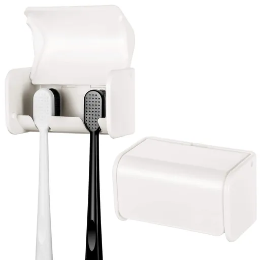 2 Pack Toothbrush Holder Wall Mounted with Cover for Bathroom, 2 Slots Self Adhesive Toothbrushes Holder White Toothbrush Hanger