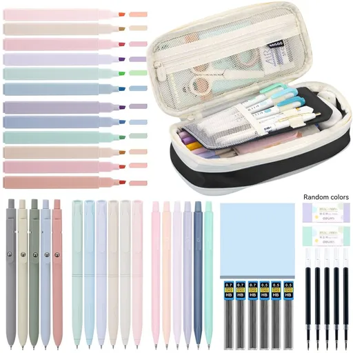 44 Piece School Supplies Set with Pencil Case Pastel Highlighters and Gel Pens Black, 22 x 10.5 x 6.5 cm