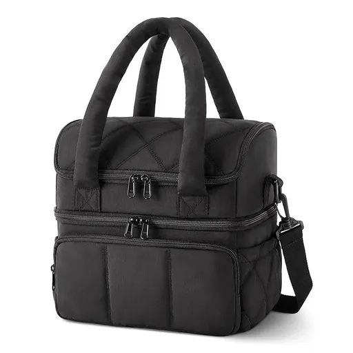 Black Double-Layer Insulated Quilted Puffer Lunch Bag(10 x 7 x 10 inch) - Large Capacity Picnic Cooler Tote, Long-Lasting Hot/Cold Retention