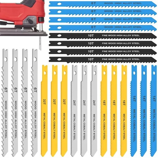 24 Piece Jigsaw Blade Set High Carbon Steel Assorted Blades U-shank Mixed Colour