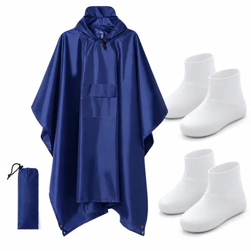 3-in-1 Blue Camping Rain Poncho / Outdoor Shelter Tarp / Ground Sheet (82.7 x 55 inch) with 2 Pairs Rain Shoe Covers - Large Backpack Coverage, Drawstring Hood and Carry Bag for Hiking Trekking Cycling Use