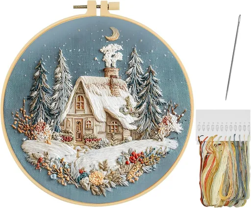 Christmas Hand Embroidery Kit for Adults, DIY Holiday Craft Set with Stamped Pattern, Hoop, Threads and Needle for Handmade Ornaments