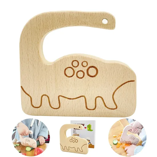 Wooden Kids Knife for Cooking, Toddler Safe Knife for Cutting Vegetable Fruit, Cute Dinosaur Shape Kids Kitchen Tools- Kids