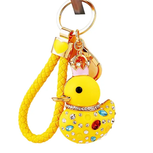 Yellow Rhinestone Duck Keychain with Crown - Cute Resin Duck Bag Charm and Car Key Ring, Gold Plated Alloy Accessory, Novelty Gift for Women and Girls