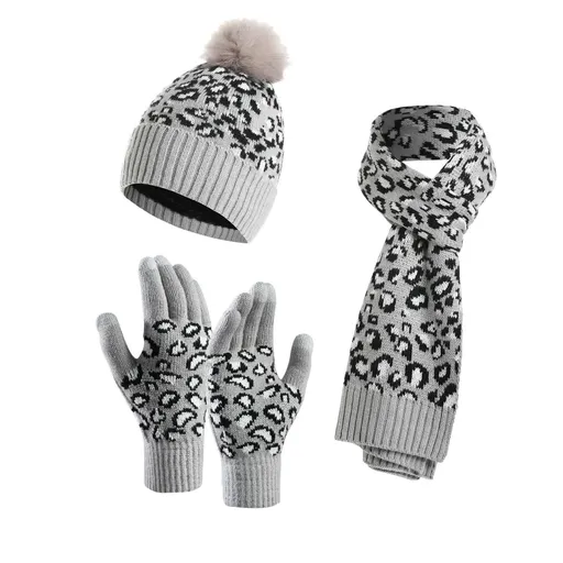 3 Piece Winter Knit Set Leopard Print Beanie Hat Scarf Touchscreen Gloves Light Grey