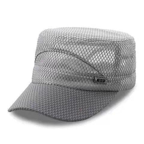 Men Mesh Flat Top Hat Sun Protection Outdoor Full network light gray Adjustable