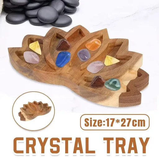 Wooden Crystal Tray Lotus Stone Display Stand Storage Holder for Home Decor