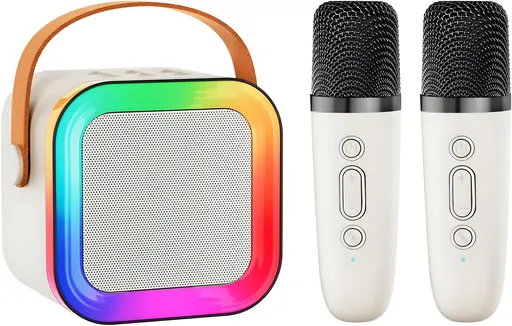Karaoke Machine Portable Bluetooth Speaker with 2 Wireless Microphones Mini Off-White for Kids Adults