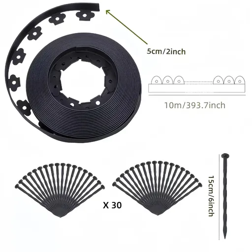 Black L-Shape PE Landscape Edging Roll Kit (5CM Height x 10M Long) - Anti-Root Lawn & Garden Divider with 30 Ground Stakes