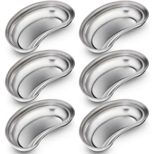 6 Pcs Stainless Steel Kidney Tray 8'' Medium Kidney Shaped Emesis Basin Surgical Medical Tray pan Bowls Reusable Metal Dish Dental Lab Instruments Bathroom Soiled Dressings Medic Waster