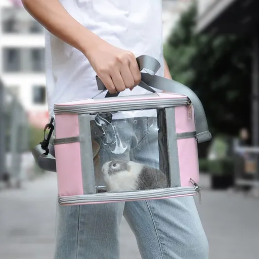 Small Animal Travel Bag(26*17*19cm) - Pink small nylon and plastic portable pet bag with shoulder strap and handle, suitable for parrots, hamsters, guinea pigs and rabbits.