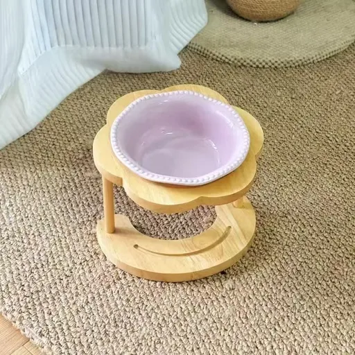 Ceramic Pet Feeder with Wood Stand | Tilted Cat Bowl for Comfortable Eating, Anti-Tip Design（Pearl purple bowl）