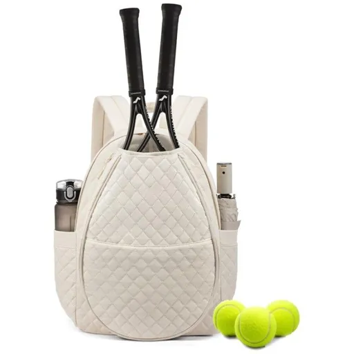 Beige Large Tennis & Pickleball Quilted Backpack and Sports Travel Tote for Men and Women - Racket Compartment, 2 Side Pockets & Multi-Pocket Organization (32x17x44.5 CM)