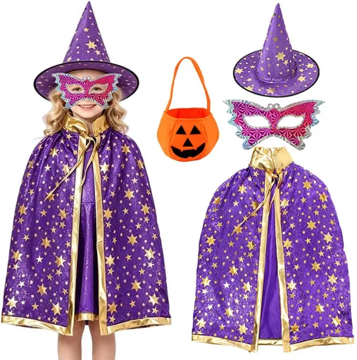 Witch Halloween Costume for Kids, Purple Cloak Cape with Hat, Pumpkin Bag and Eye Mask, Fancy Dress for Carnival